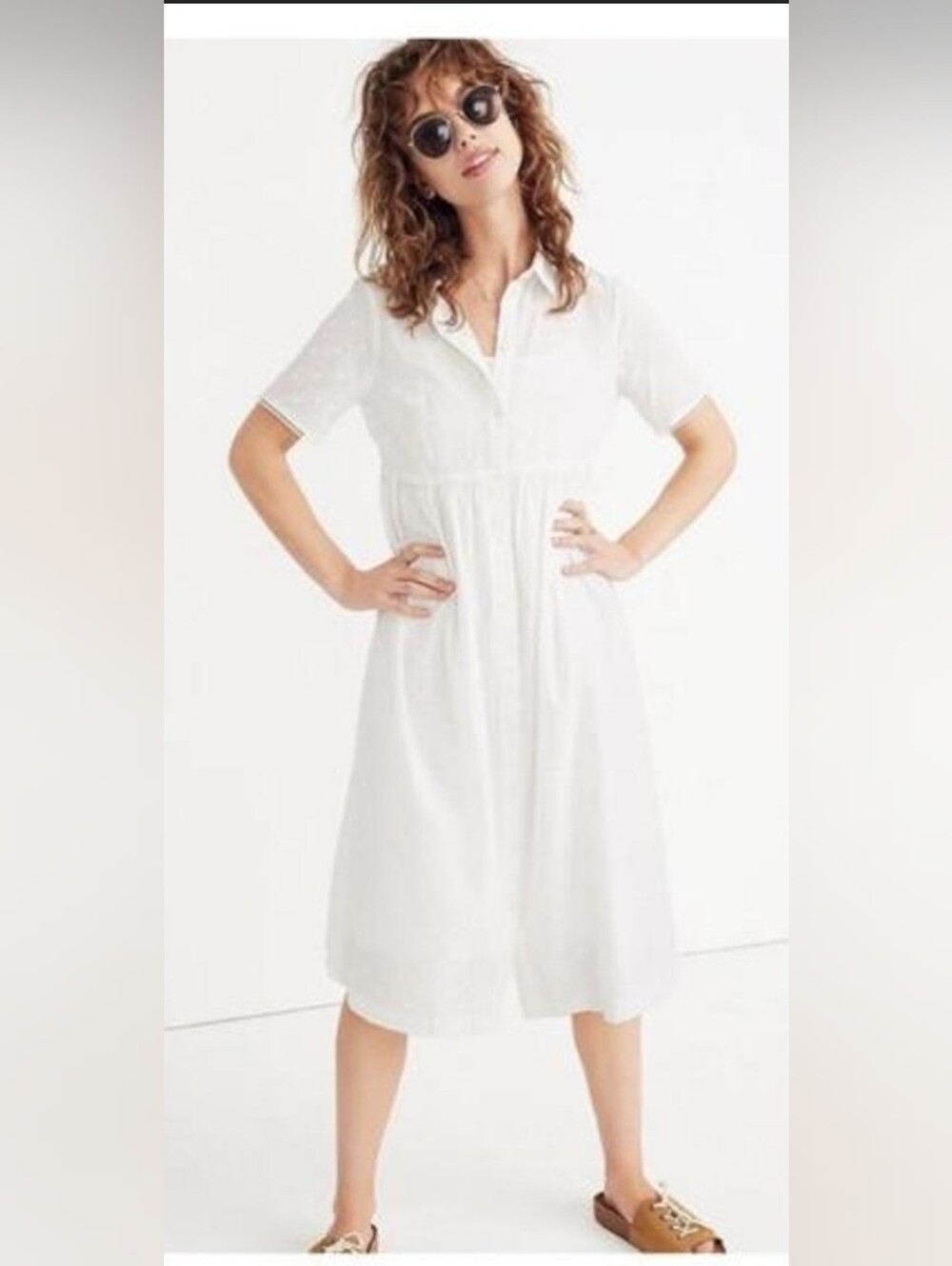 MADEWELL White Empire Waist Boho Clipdot Midi Shirtdress